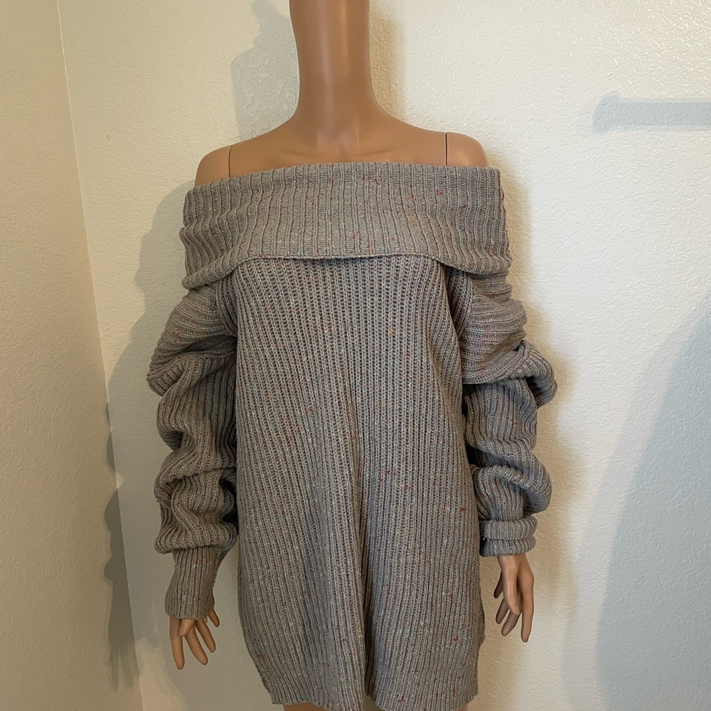 Off-Shoulder Gray Ribbed Knit Sweater Dress